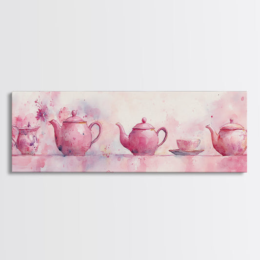 Pink Tea Set Art Canvas Print Cottagecore Kitchen Decor Rustic Living Room Art Above Sofa Light Pink Wall Artwork Farmhouse Aesthetic