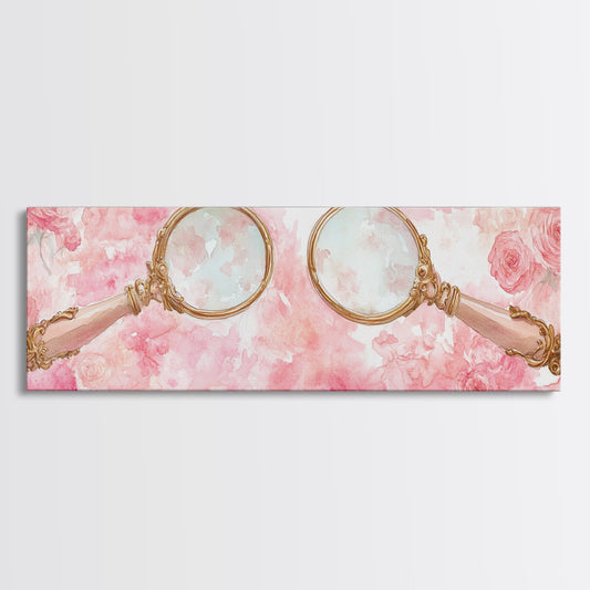 Antique Magnifying Glass Canvas Print, Rose Painting with Vintage Romantic Vibes, Rustic Farmhouse Wall Art, Guest Room Decor