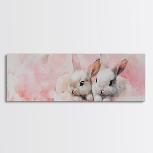 Adorable Rabbits Canvas Print, Whimsical Cottagecore Art, Light Pink Wall Art for Nursery or Bedroom, Gift Idea for Animal Lovers