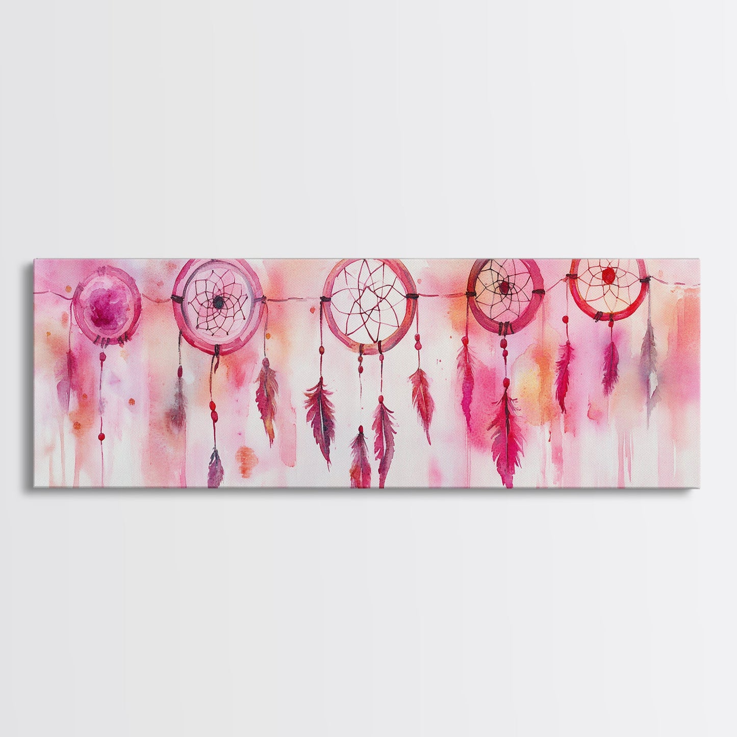 Dreamcatcher Canvas Print, Pink Orange Wall Art with Whimsical Artistic Feathers, Boho Art Idea for Living Room or Above Couch