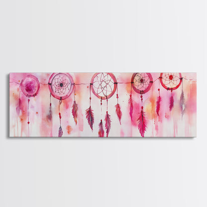 Dreamcatcher Canvas Print, Pink Orange Wall Art with Whimsical Artistic Feathers, Boho Art Idea for Living Room or Above Couch