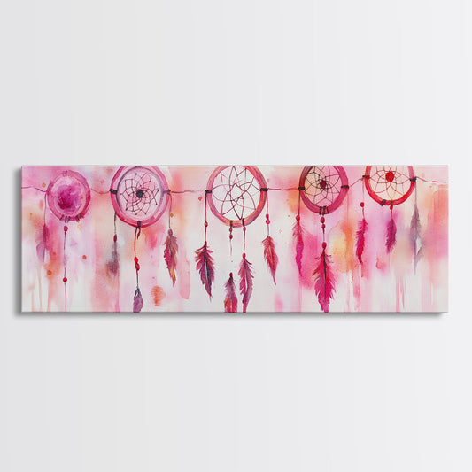Dreamcatcher Canvas Print, Pink Orange Wall Art with Whimsical Artistic Feathers, Boho Art Idea for Living Room or Above Couch