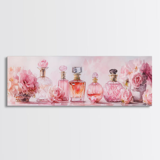 Vintage Perfume Canvas Print, Whimsical Light Pink Wall Art, Romantic Feminine Art Idea for Bathroom, Bedroom, or Vanity Decor