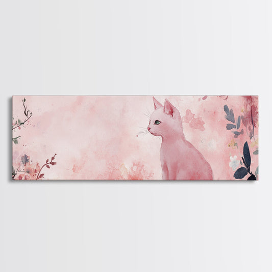 Dreamy Cat Canvas Print, Light Pink Whimsical Wall Art with Cottagecore Elements, Minimalist Cat Artwork for Bedroom or Gift Idea