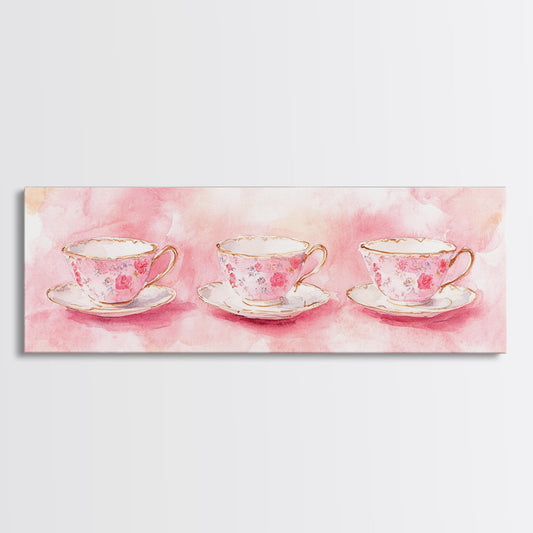 Floral Teacups Canvas Print, Vintage Cottagecore Art with Whimsical Light Pink Hues, Rustic Wall Art for Kitchen or Dining Room Decor