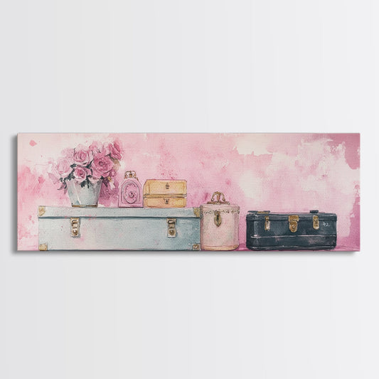 Floral Storage Chest Canvas Print, Vintage Cottagecore Artwork, Pink Wall Art Dorm, Living Room Horizontal Painting Gift Idea Her