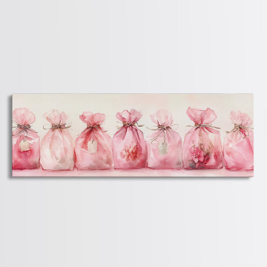 Light Pink Drawstring Bag Wall Art Canvas Print, Rustic Decor Cottagecore Painting, Guest Room Above Bed Artwork Farmhouse Charm