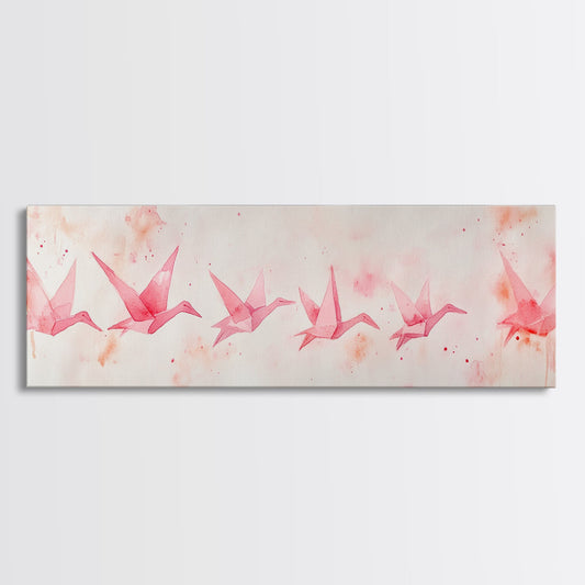 Origami Crane Canvas Print, Cottagecore Artwork Long Narrow Wall Art, Above Bed Farmhouse Decor, Light Pink Wall Art Dorm Gift Her