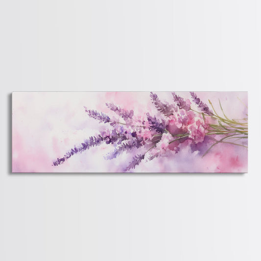 Lavender Bouquet Wall Art Framed Canvas Print, Wildflower Painting Cottagecore Decor, Light Pink Botanical Prints Living Room Art