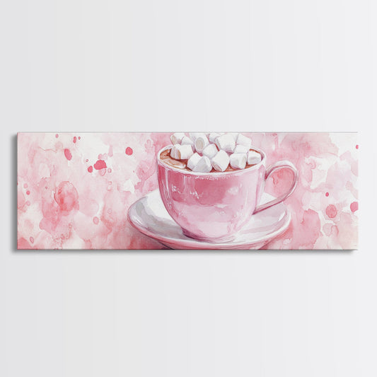 Hot Cocoa Cup Art Framed Canvas Print, Food Review Kitchen Rustic Decor, Pink Cottagecore Art Light Pink Wall Art Living Room