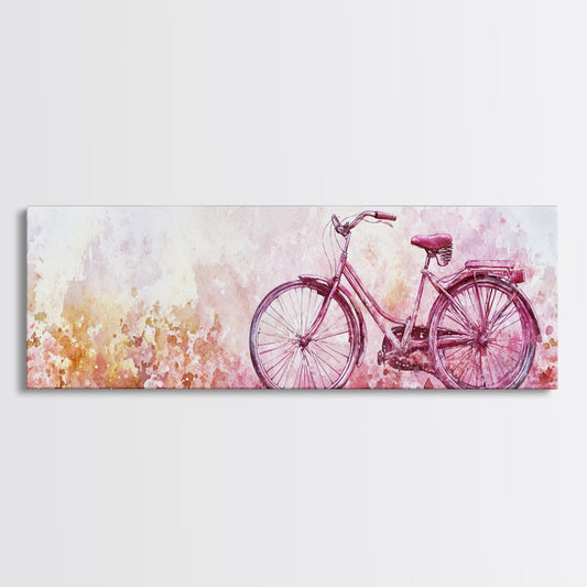 Vintage Bicycle Art Framed Canvas Print, Cottagecore Rustic Wall Art, Light Pink Farmhouse Decor Horizontal Painting Gift Idea