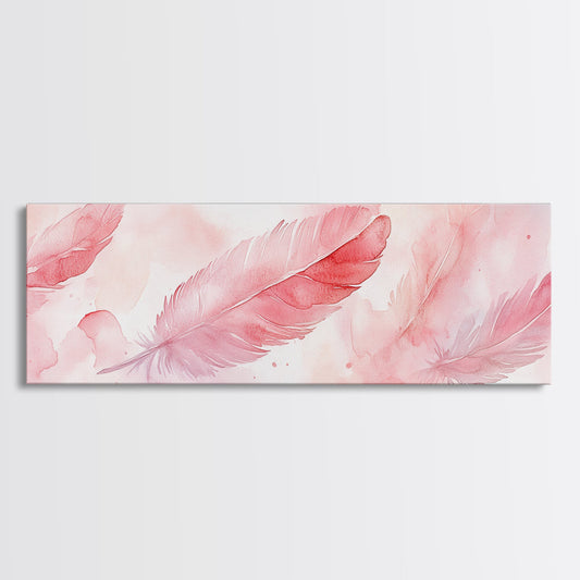 Pink Feather Wall Art Canvas Print, Cottagecore Rustic Decor, Light Pink Artwork Bedroom Above Bed Art Gift Idea Her Whimsical Art