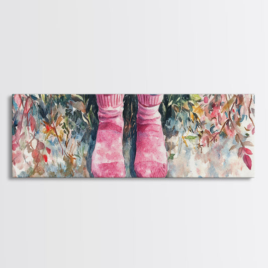 Autumn Pink Socks Wall Art Framed Canvas Print, Rustic Cottagecore Fall Decor, Light Pink Farmhouse Artwork Living Room Art Gift