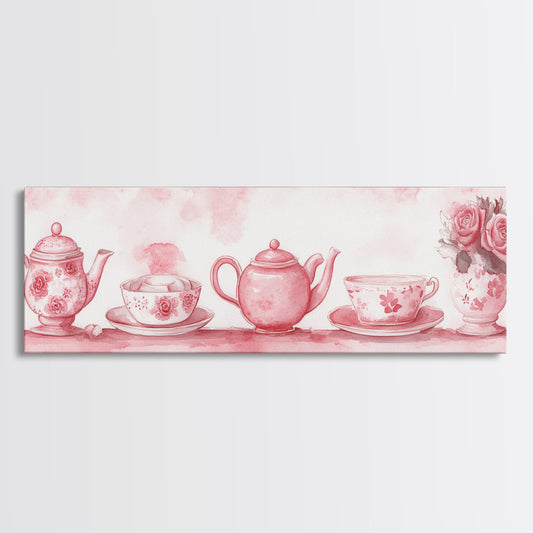 Vintage Teapot Art Framed Canvas Print, Cottagecore Pink Kitchen Decor, Light Pink Rustic Artwork Above Sofa Art Gift Idea Her