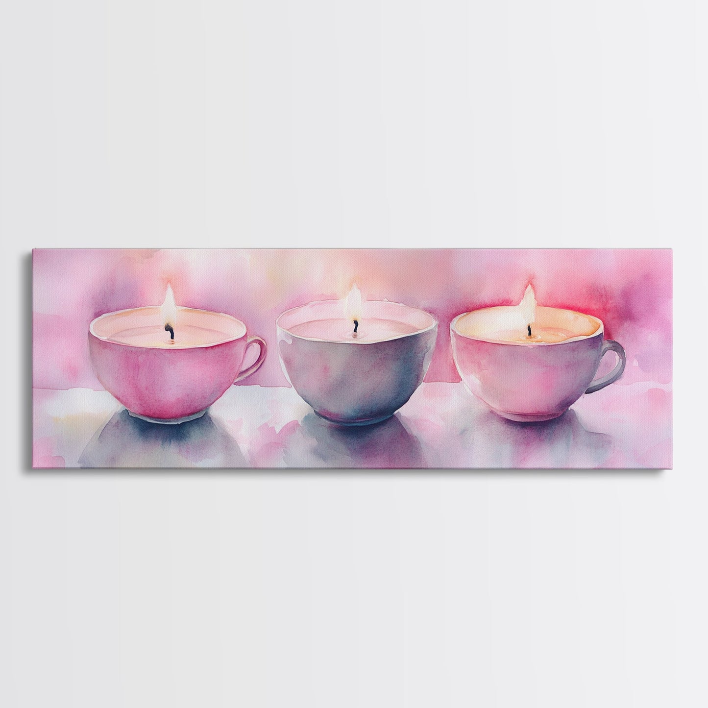 Candlelight Framed Canvas Print, Cozy Pastel Teacup Candles Art, Light Pink Wall Decor, Bedroom or Dining Room Whimsical Artwork
