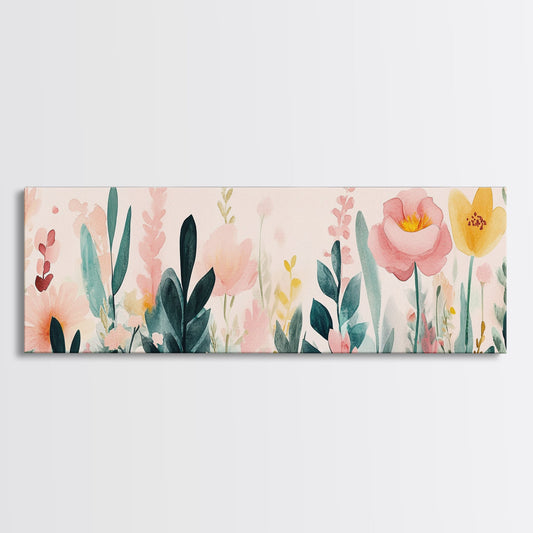 Floral Field Framed Canvas Print, Vibrant Wildflower Botanical Artwork, Cottagecore Pink and Yellow Wall Art, Springtime Home Decor