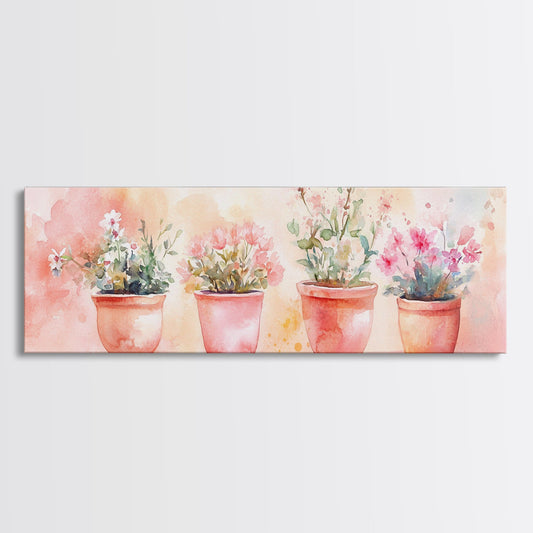 Potted Flowers Framed Canvas Print, Pastel Floral Cottagecore Art, Light Pink and White Botanical Wall Decor, Kitchen or Living Room Artwork