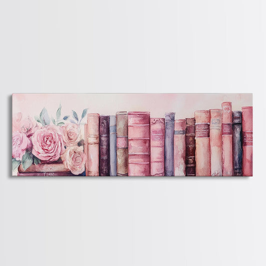 Vintage Bookshelf Canvas Print Feminine Rustic Wall Art Pink Botanical Artwork Romantic Decor Horizontal Above Bed Framed Art