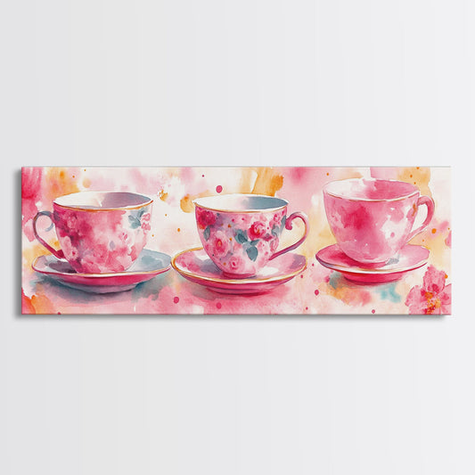 Pink Teacup Canvas Print Feminine Whimsical Kitchen Art Horizontal Pink Artwork Vintage Rustic Wall Art Living Room Framed Art