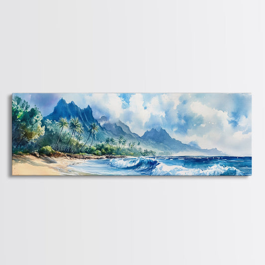 Moody Coastal Seascape Framed Canvas Print - Hawaii Ocean Landscape Painting, Nautical Wall Art, Extra Wide Beach Bedroom Art Decor