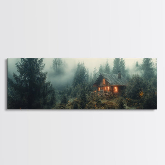 Rustic Cottage Scene Framed Canvas Print, Moody Landscape Painting, Forest at Dusk Artwork, Cozy Cabin Autumn Wall Art, Living Room Decor