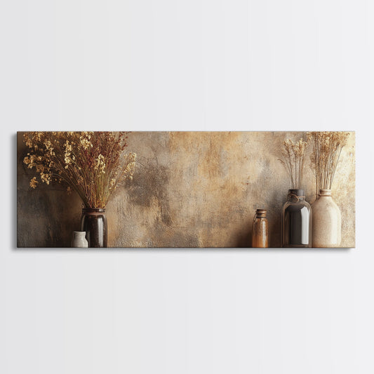 Rustic Dried Floral Framed Canvas Print - Earthy Cottagecore Kitchen Decor, Vintage Still Life Painting, Fall Bedroom Accent Piece