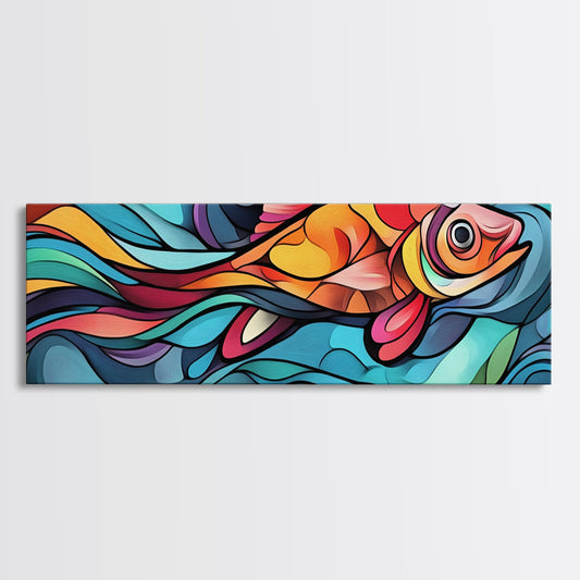 Abstract Goldfish Flow Framed Canvas Print, Whimsical Wall Art, Colorful Art, Teal Painting, Gift Idea, Skinny Wall Art, Bedroom Decor