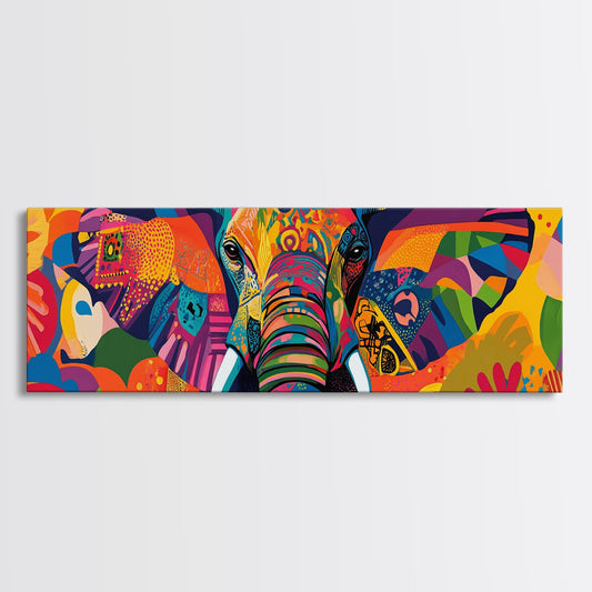 Vibrant Canvas Print of Colorful Abstract Elephant Wall Art, African Art, Whimsical Living Room Art, Boho Art, Horizontal Wall Art