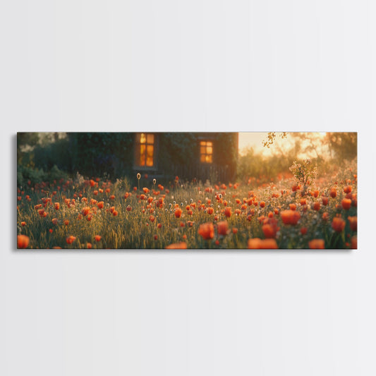 Cottage in Poppy Field Framed Canvas Print – Rustic Decor, Poppy Wall Art, Landscape Painting, Living Room Art, Above Sofa Art
