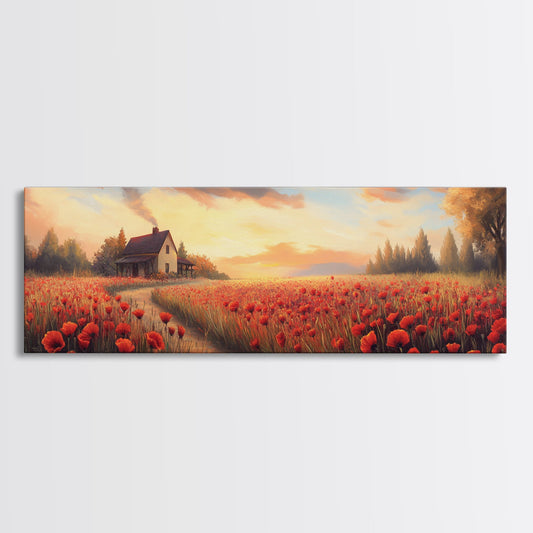 Vibrant Red Poppy Field Canvas Print – Landscape Painting, Cottagecore Wall Art, Rustic Decor, Farmhouse Art, Bedroom Art