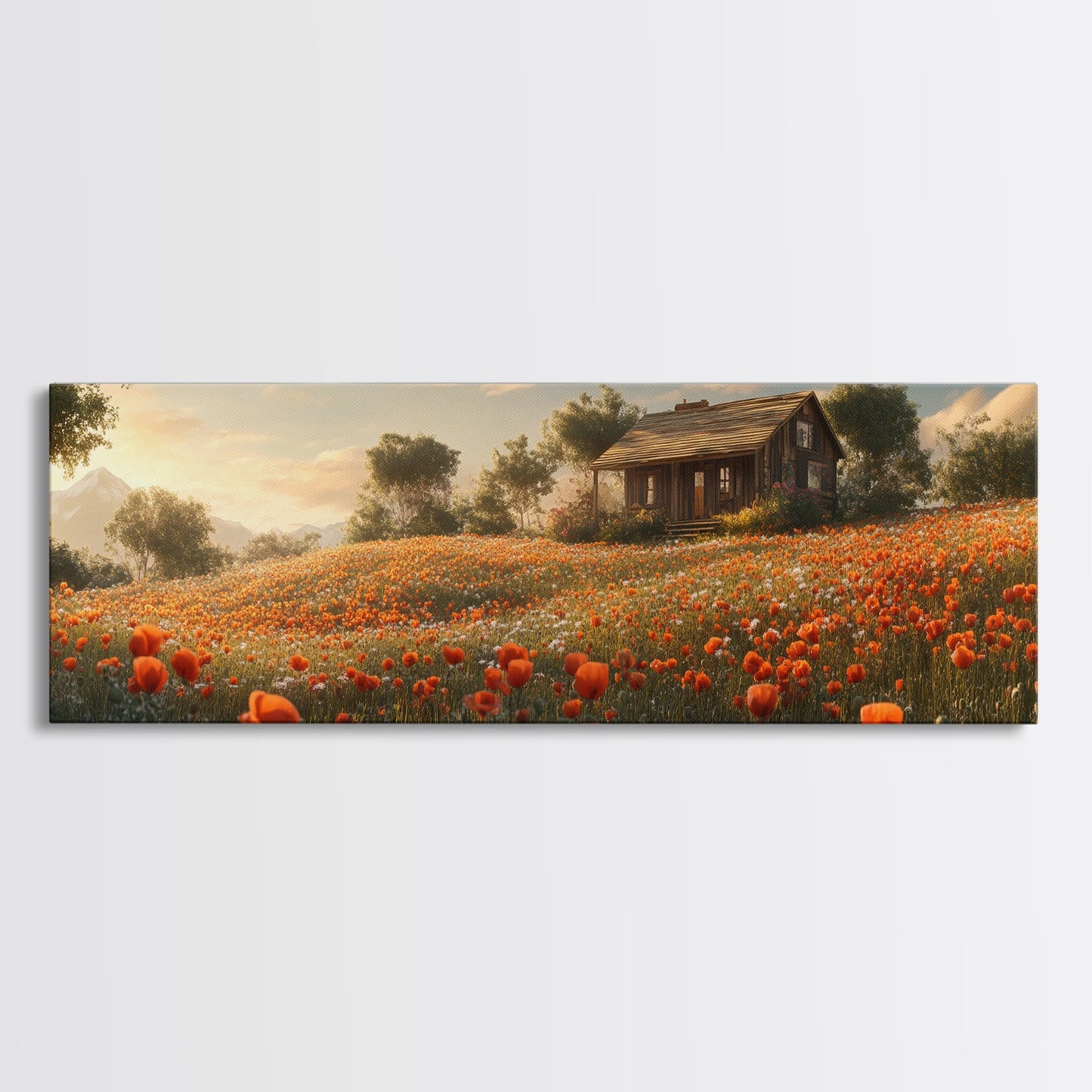 Sunlit Poppy Meadow Framed Canvas Print – Rustic Decor, California Poppy Art, Landscape Painting, Extra Wide Art, Guest Room Art