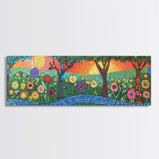 Mosaic Art Bright Wildflower Painting Cottagecore Wall Art Green Landscape Horizontal Above Sofa Art Gift Idea