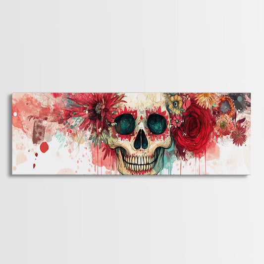 Vibrant Skull Art Framed Canvas Print, Dark Angels Wall Art with Floral Design, Skull and Rose Painting, Gothic Floral Home Decor, Boho Wall Art