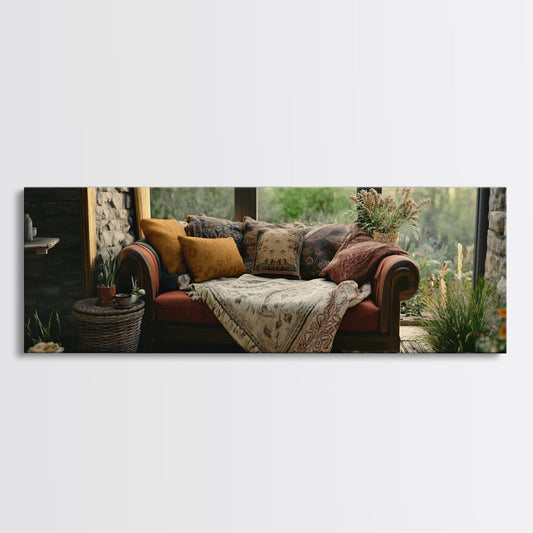 Boho Farmhouse Living Space Framed Canvas Print, Rustic Decor, Cottagecore Wall Artwork, Botanical Inspired Painting, Cozy Home Art