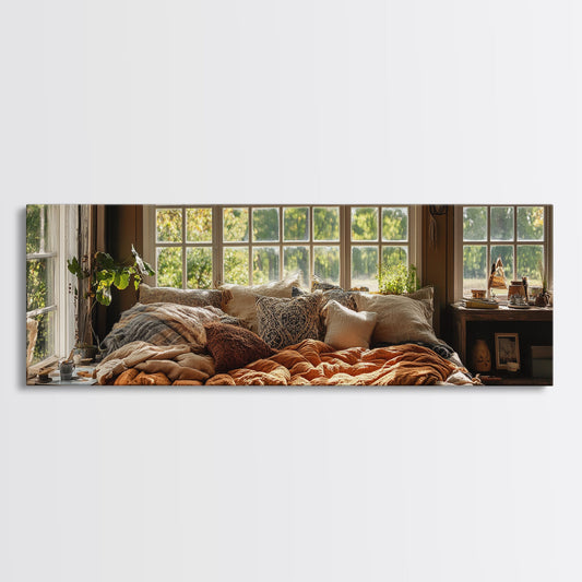 Autumn Light Bedroom Canvas Print, Cottagecore Rustic Wall Art, Botanical Farmhouse Decor, Cozy Interior Artwork, Sage Green Wabi Sabi Style