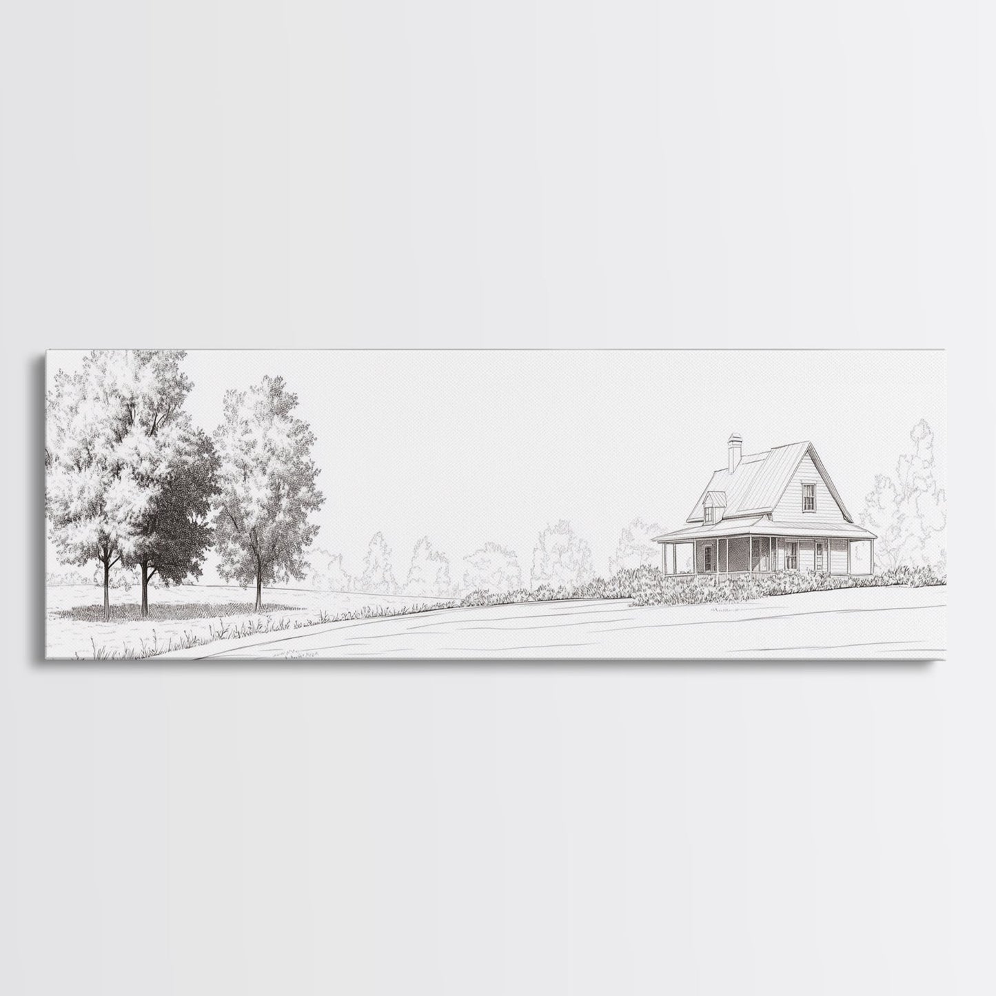 Rustic Farmhouse Framed Canvas Print, Black and White Landscape Art, Above Sofa Wall Art Minimalist Living Room Country Decor