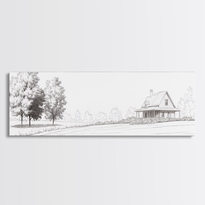 Rustic Farmhouse Framed Canvas Print, Black and White Landscape Art, Above Sofa Wall Art Minimalist Living Room Country Decor