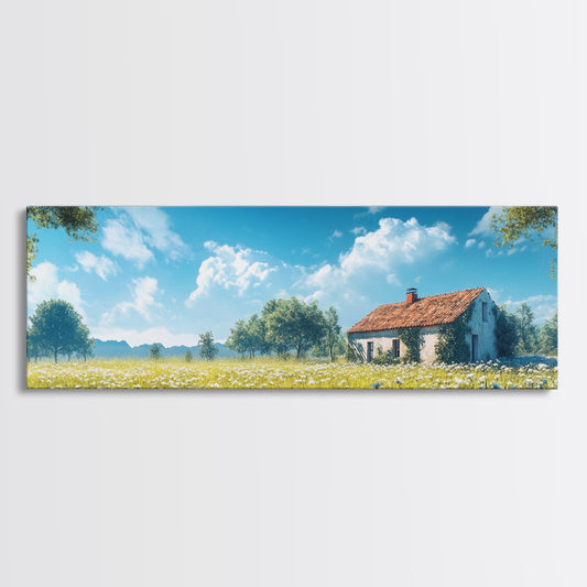 Cottagecore Farmhouse Landscape Framed Canvas Print - Wildflower Field Painting, Rustic Decor, Gift Idea, Bedroom Art, Panoramic Wall Art