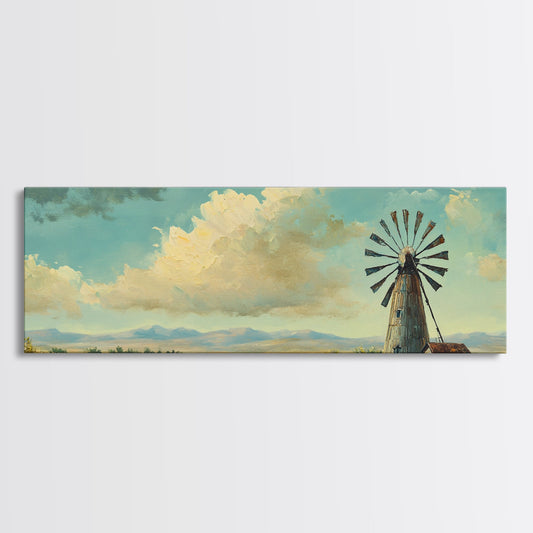 Scenic Windmill Landscape Framed Canvas Print - Rustic Cottagecore Farmhouse Art, Moody Southwest Decor, Above Couch Wall Art Gift Idea