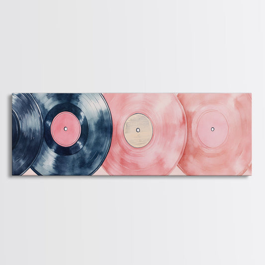Vintage Vinyl Records Framed Canvas Print - Retro Music Art, Pink Abstract Painting, Whimsical Dorm Wall Decor, Horizontal Wall Art Gift Idea