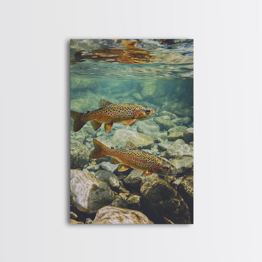 Vibrant Pair of Trout Framed Canvas Print Fly Fishing Art Rustic Wall Art Cottagecore Living Room Above Couch Cabin Decor