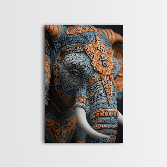 Detailed Elephant Face Framed Canvas Print – Kerala Mural Art, Sacred Geometry Decor, Ganesh Wall Art Rustic Boho Inspired Room Decor