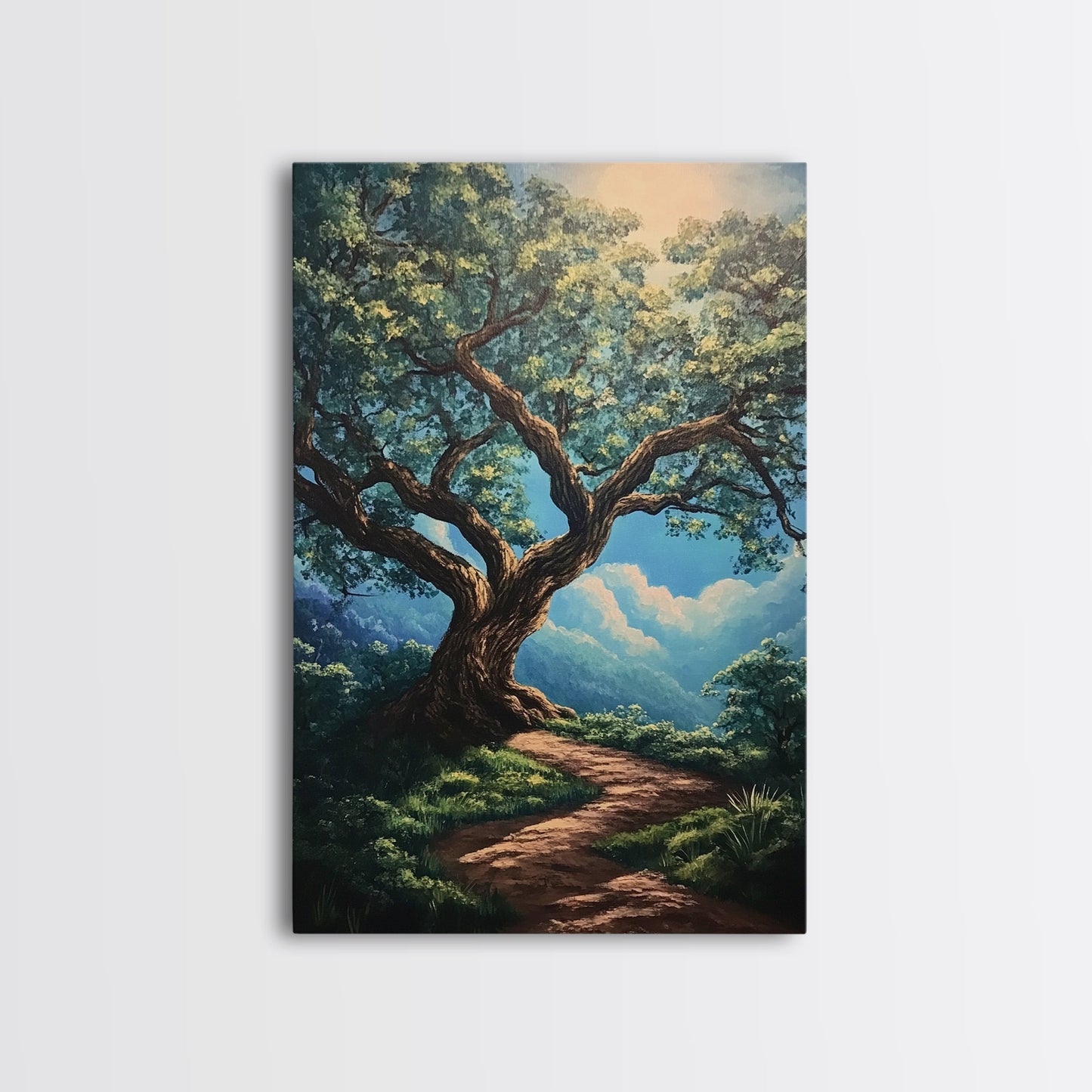 Majestic Oak Tree Framed Canvas Print – Oak Tree Art, Rustic Landscape Painting, Above Sofa Wall Art, Wabi Sabi Living Room Decor