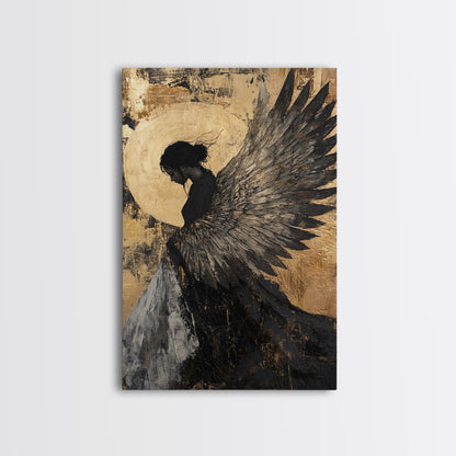 Golden Angel Wings Framed Canvas Print Dark Angel Wall Art Moody Gothic Artwork Gold Abstract Print Rustic Wall Decor Gift Idea