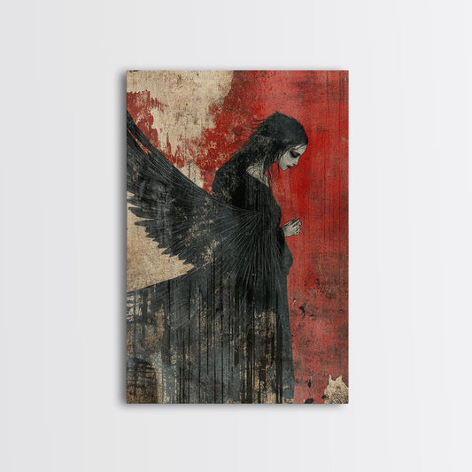Gothic Angel Red Background Canvas Print Dark Angels Wall Art Moody Gothic Artwork Abstract Art Print Rustic Decor Gift Idea