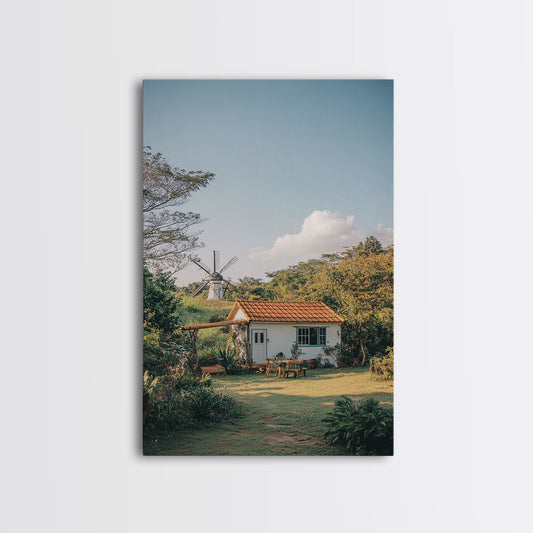 Cozy Cottage Windmill Canvas Print Rustic Landscape Artwork Farmhouse Decor Cottagecore Wall Art Bedroom Wall Art Fall Artwork