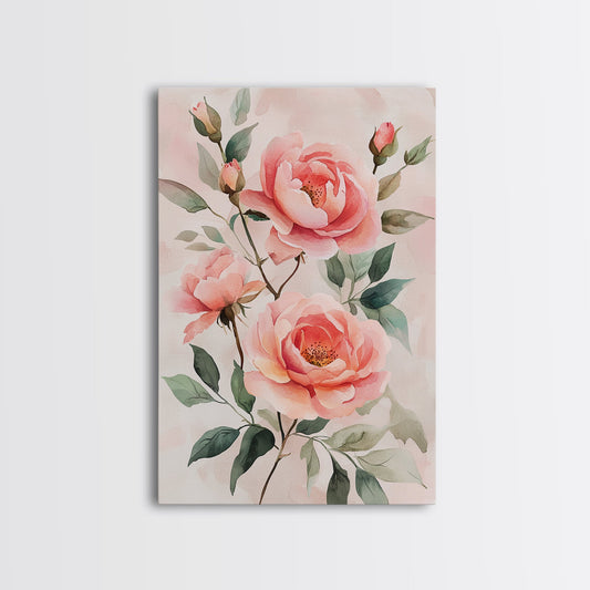 Framed Canvas Print Rose Painting Watercolor Botanical Artwork Light Pink Wall Art Feminine Home Decor Cottagecore Gift Idea Artwork