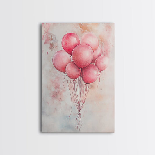 Framed Canvas Print Balloon Painting Whimsical Pink Wall Art Cottagecore Artwork Minimalist Home Decor Gift Idea Dorm Room Art