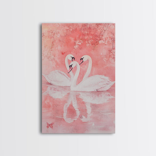 Canvas Print Swan Painting Original Cherry Blossom Artwork Light Pink Wall Art Romantic Cottagecore Decor Gift Idea Bedroom Art