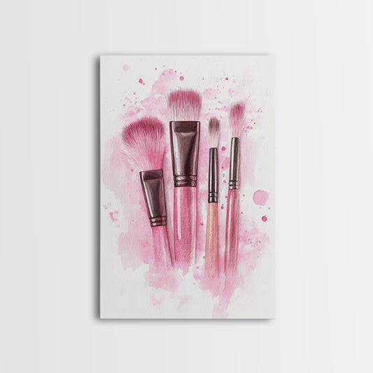 Framed Canvas Print Makeup Brush Painting Light Pink Wall Art Whimsical Feminine Artwork Cottagecore Home Decor Gift Idea Bedroom Art